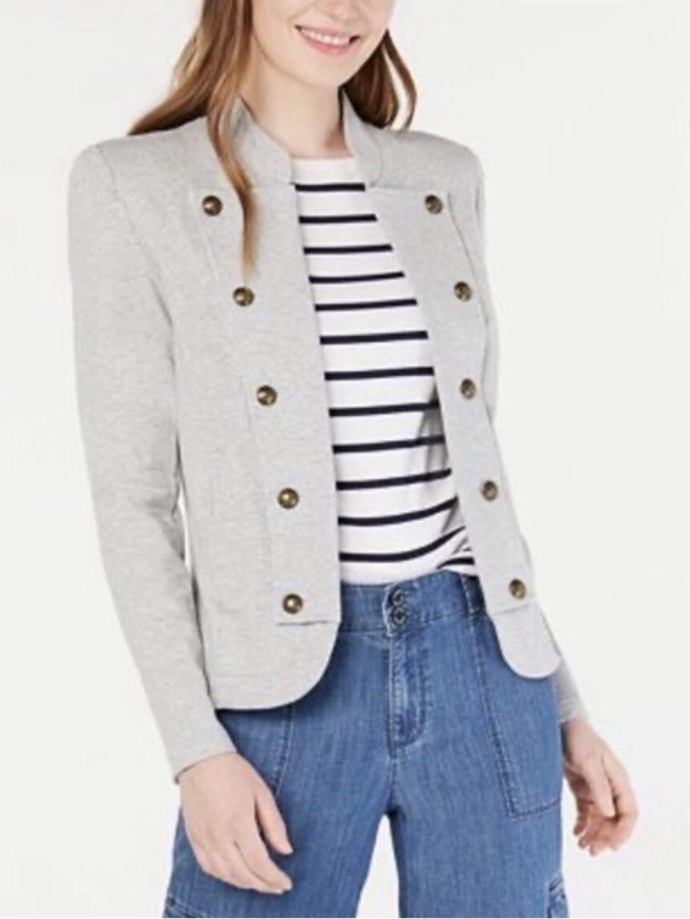 Tommy Hilfiger Grey French Terry Military Band Jacket Double Breasted Academia